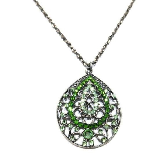 Anne Koplik Designs Necklace, Light Dark Green Rhinestone Teardrop Pendant, 18" - Picture 2 of 10
